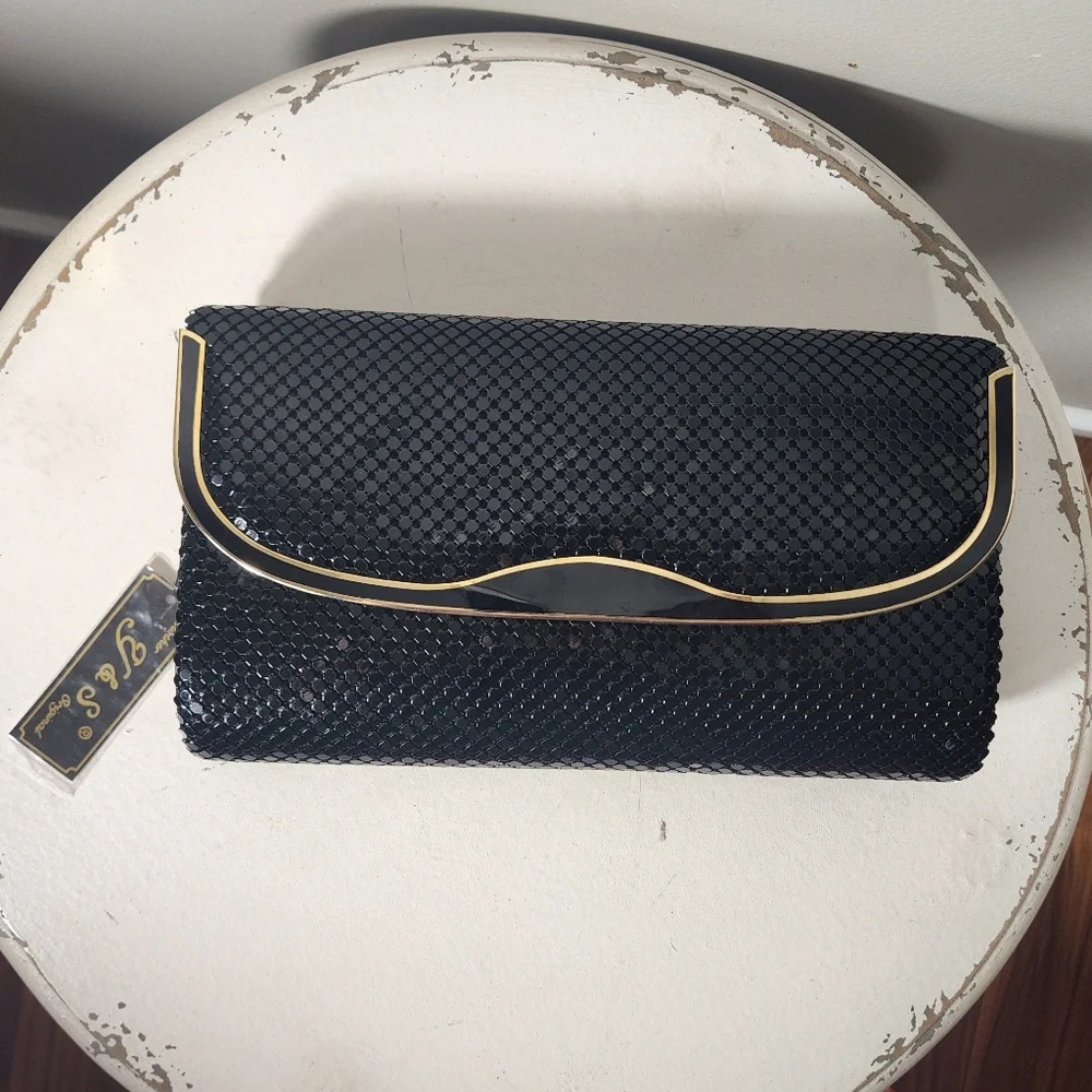 Another Y & S NWT Vintage Original Metallic Sequin Evening Purse Bag Black Gold
